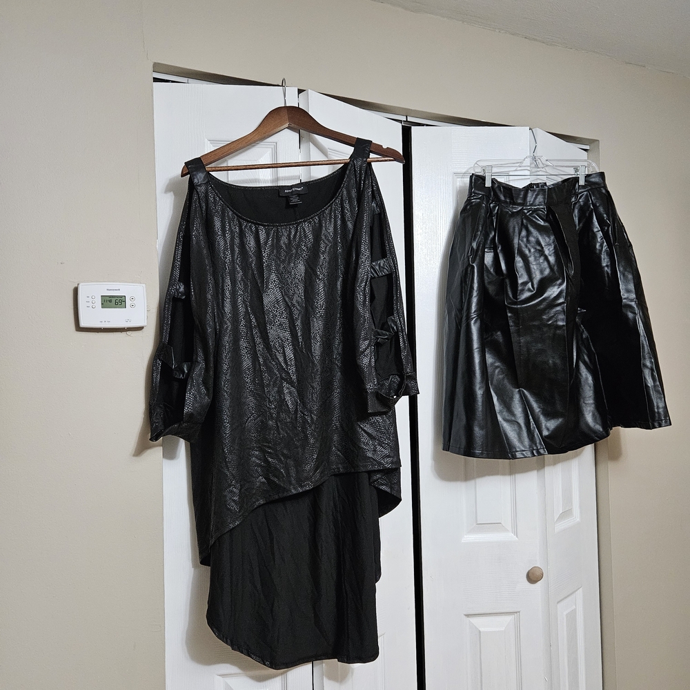 Ashley Stewart Black Asymmetrical Blouse and Boohoo A-Line Leather Skirt